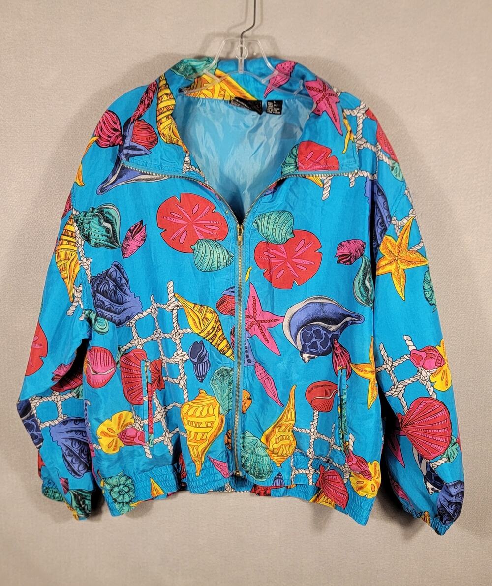Vintage Mureli 100% Silk Bomber Jacket Shells Starfish Tropical Beach Large